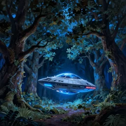 matte painting glowing spaceship in clearing in ancient oak Forest at night. Forest is lit by eerie blue glow. Ufo. Digital painting. Beeple. Noah Bradley. Cyril Roland trending on artstation.