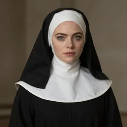 A full body shot of Emma Stone dressed as a nun , catholic , high quality, fully detailed, 4k, inspired by handmaid's tale, her beautiful eyes are fully detailed and in focus