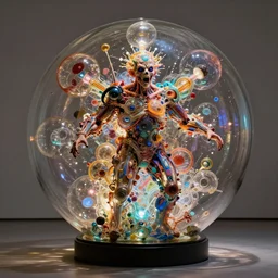 a perfect colour horrifying photograph of an explosive human in a murano glass sphere designed in an ultra bombastic manner. the many bulbous chambers are pulsing and glowing. the human is dismantled into 1 0 2 4 parts. perfect focus, studio lighting, gallery setting