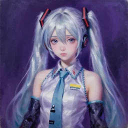 A portrait of Vocaloid Hatsune Miku by Anotnio Saura, sad, omnious, purple colors, award-winning, highly detailed palette knife oil painting, thick impasto, painterly, autochrome, pinhole, realistic lighting, chiaroscuro, very ethereal, very ethereal, silver color, dark, chiaroscuro, nacre, pastel oil inks, paint-on-glass painting by Anotnio Saura