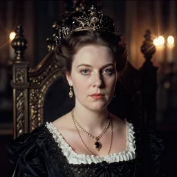 A hyper realistic and detailed head portrait photography of a young attractive Queen Victoria on her throne. by Annie Leibovitz. Neo noir style. Cinematic. candle light glow in the background. Cinestill 800T film. Lens flare. Helios 44m