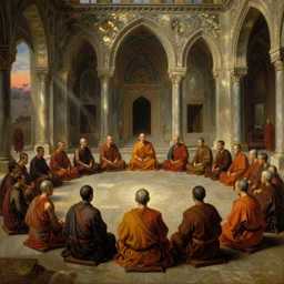 crowd of monks sitting in circular formation in giant gothic ruins islamic designs, with stunning evening dusk sunlight dappled light and god rays, old master painting, intricate chinese imperial robes, detailed oil painting by william adolphe bouguereau and donato giancola