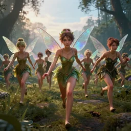 realistic photo first person perspective, fairies stampede towards camera, attacking and chasing me, dramatic lighting, early evening, professional photography, high detail, cinematic lighting, unreal engine, deviant art