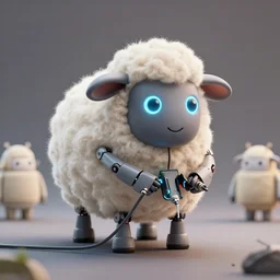 wide - shot of adorable fluffy, cute electric robot sheep!!, charging wires, glowing diods, greg simkins, jean luc, android jones, rutkowsky, matte painting, steam lighting, render, hyperrealistic, highly detailed, accurate