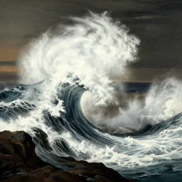big wave crashing on a cliff in the style of caravaggio
