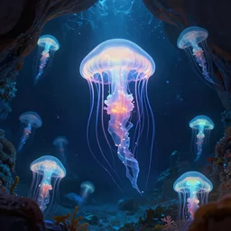 bioluminescent jellyfish in an underwater cave, highly detailed, magic fantasy, digital art, vibrant colors, keyframe illustration, trending on artstation, andreas rocha, sylvain sarrailh, darek zabrocki, finnian macmanus, dylan cole, liang mark, albert bierstadt, sung choi, peter mohrbacher, greg rutkowski