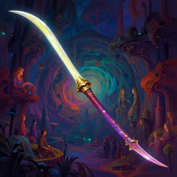 A psychedelic item concept art of gaunt starlight sickle , vibrant color scheme, highly detailed, in the style of romanticism, cinematic, artstation, Moebius, Greg rutkowski futurism, no blur, 4k resolution, sharp ages, ultra detailed, style of John Berkey, Norman Rockwell, Hans Thoma, Ivan Shishkin, Tyler Edlin, Thomas Kinkad