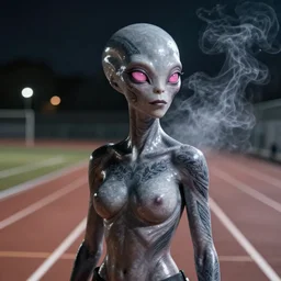 Beautiful alien woman with gray skin. with pink eyes. Tattoos on the face. standing on the track. Night light. Digital art. Super detail, 4k, wow, artstation trending, smoke