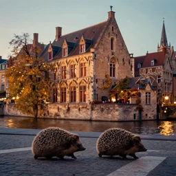 2 hedgehogs walking across the street next to eachother in Bruges, Belgium,  in the style of cristopher Balaskas, autumn, evening, romantic