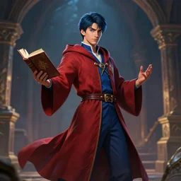 Picture of handsome young wizard, Red and blue robes, short dark blue hair, book in hand, no hat, casting pose, dungeon and dragons, artstationHQ, artstationHD, trending in artstation, gelbooru, high fantasy, matte painting, colorful, ultra HD, 8k