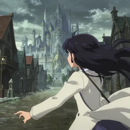 anime frames, anime visual, portrait of a young woman outside in the medieval city square looking at the fantasy palace in the distance, cute face by ilya kuvshinov, shangri - la anime, dynamic pose, dynamic perspective, rounded eyes, moody, psycho pass, kyoani, yoh yoshinari