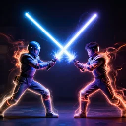 a lightsaber with people made of energy fighting as part of the blade aura