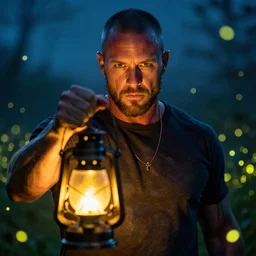 4 k, hd, hyperealistic portrait of bray wyatt holding a lantern staring into the camera intensely while being surrounded by fireflies.
