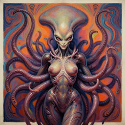 biomechanical alien medusa, female, intense stare, sarcastic smile, symmetrical, concept art, intricate detail, volumetric shadows and lighting, realistic oil painting, 1 9 7 0 psychedelic soviet poster,