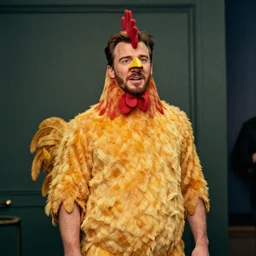 chris evans wearing a funky chicken costume