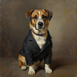 an oil painting of a dog wearing a suit, dramatic lighting