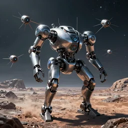 sleek, futuristic nanite war machines. intelligent nanomachine swarms forming a sleek, cohesive robot. combined arms combat on a sci - fi alien planet. concept art.
