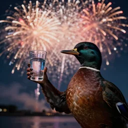 a large bird holding a glass of water with fireworks in the background, a stock photo by jacob duck, shutterstock contest winner, american romanticism, stockphoto, behance hd, stock photo