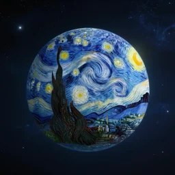 3d render of an egg shaped planet flying through interstellar space depicted by Vincent van Gogh