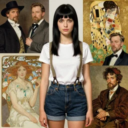 a woman with black hair and long pixie haircut in shorts with suspenders and white t-shirt drawn by george bellows, gustave caillebotte, Alexandre Cabanel, norman rockwell, alphonso azpiri, maler collier, peter paul rubens, alphonse mucha, gustav klimt 4k, unreal 5, DAZ, french noveau, trending on artstation, octane render, hyperrealistic