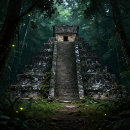 a abandoned eerie pyramid in the jungle, dark, firefly, digital art,