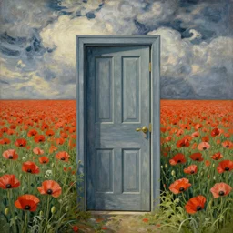nun at poppy field door in the sky by beksinski van gog hyperrealism detailed masterpiece doomy