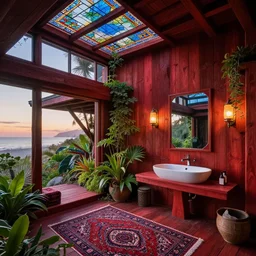 award winning bathroom of an all black psychedelic modern ecopunk frank lloyd wright beach house mansion made entirely of redwood during sunset with soft lamp light, lots of plants and stained glass ceilings and persian rugs