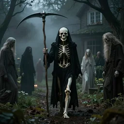 death with a scythe on his shoulder walking surrounded by wandering souls, house garden, dramatic lighting, cinematic, establishing shot, extremly high detail, photorealistic, night, fog, post processed, concept art, artstation, 1 9 0 0's photo, style by greg rutkowsky