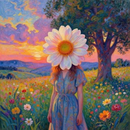 girl with a giant flower face, surreal photography, dream, standing in flower field, hills, big trees, sunrise dramatic light, impressionist painting, colorful clouds, digital painting, pointillism, artstation, simon stalenhag, flower face