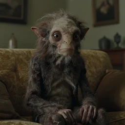 a strange creature sits in the living room, film still from the movie directed by Denis Villeneuve with art direction by Zdzisław Beksiński, close up, telephoto lens, shallow depth of field