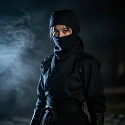 a photo of a female ninja at night, dark, harsh light, smoke, high detail, cinematic,