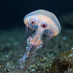 mutant jellyfish with human eyes, shallow water, underwater photograph,