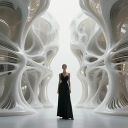 fluid generative cellular architecture, woman standing, super architecture concept art by zaha hadid, symmetry