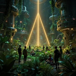 people hanging out in a gardens and greenery of a spacestation, cyberpunk, moody, luminescent, rule of thirds, golden ratio, ambient lighting, syd mead, greg rutkowski, wlop, artgerm, artstation, highly detailed masterpiece