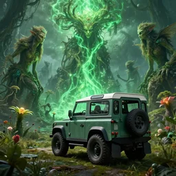 Land Rover Defender 110 (1985), The Elder Scrolls V: Skyrim, Riften, The Rift, an epic fantasy, living flora, spriggans, humanoid flora, green floral energy flowing, dramatic lighting, cinematic, establishing shot, extremely high detail, photorealistic, cinematic lighting, artstation, by simon stalenhag