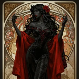 a matte painting of a beautiful black red, dark fantasy, in the style of john william godward and alphonse mucha, concept art, high octane, elegant, highly detailed, digital painting, trending on artstation, sharp focus, illustration