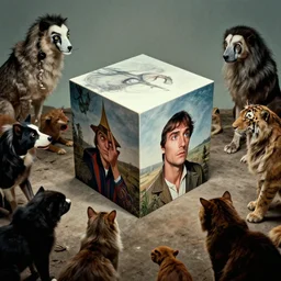 cube man, surrounded by animals, film still from the movie directed by denis villeneuve and david cronenberg with art direction by salvador dali and zdzisław beksinski, wide lens