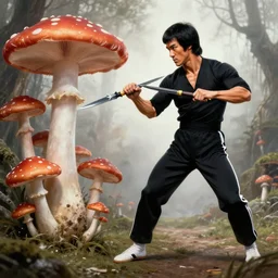 bruce lee fighting with mushrooms, nunchucks, star knives, dreamscape, photorealistc, concept art, 8 k