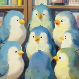 gori fujita ilustration a game development studio, little worried birds are secretly talking close up painting by goro fujita, sharp focus, highly detailed, artstation