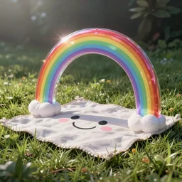 A beautiful shiny rainbow with a smiling face on a blanket of grass, illustrated by Greg Rutkowski and Gaston Bussiere, grim lighting, beautiful volumetric lighting, misty atmosphere, Trending on artstation, 4k, 8k
