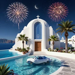 🌟🌜fireworks, Art Deco, in SANTORINI island, palm trees, crystal clear water, starry night, Trending artstation, octane render, cgsociety, surrealist, cinematic, shadow of the tomb rider
