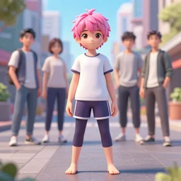a beautiful fullbody portrait of a cute anime boy with pink hairs wearing sport clothing and leggings under shorts barefoot in a city. character design by cory loftis, fenghua zhong, ryohei hase, ismail inceoglu and ruan jia. artstation, volumetric light, detailed, photorealistic, fantasy, rendered in octane
