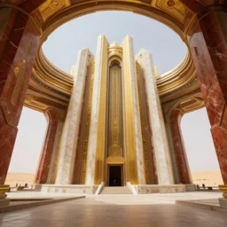 interior of a futuristic scifi temple with gold, red and white marble panels, in the desert, by buckminster fuller and syd mead, intricate contemporary architecture, photo journalism, photography, cinematic, national geographic photoshoot