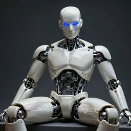 portrait of a futuristic bone ceramic guapo humanoid robot Spanish with a handsome face and muscular body reclining. legs open, blue laser eyes, macho, piroca, dotado, guapo, matte surface, trending on cgsociety