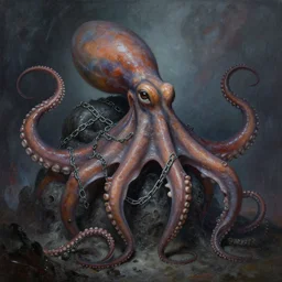 a painting of a giant octopus with chains on it's back, an ultrafine detailed painting by wayne barlowe, trending on zbrush central, sots art, lovecraftian, cosmic horror, concept art