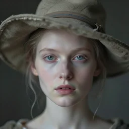 out of focus photo portrait of a very pale woman's face with a weird hat by sarah moon