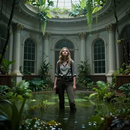 an young urban explorer woman, alone, in an empty dark flooded oval office in the white house, overgrown with aquatic plants