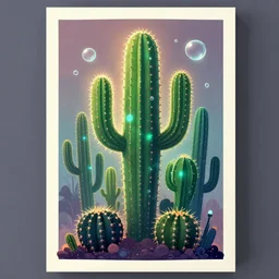 cactus family, poster vintage, illustration, bioluminescence, vegetation, water bubbles, portrait, full shot, rim light, pixar, octane render,