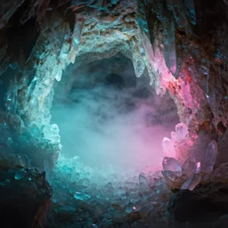 cave with crystals, volumetric light, foggy, moody, kodak photography, cyan and pink light