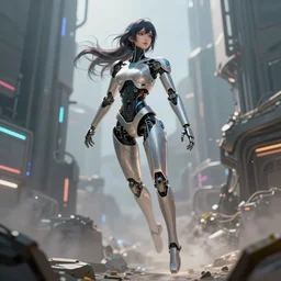 detailed, sharp, dreaming humanoid female automata floating in above a dystopia by WLOP digital art, surreal, trending on artstation, anime arts, featured on Pixiv, HD, 8K, highly detailed, good lighting, beautiful, epic